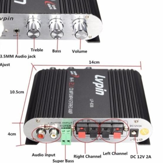 LVPIN MINI HIFI STEREO AMPLIFIER TREABLE BASS BOSTER 12V-LP838 - LVPIN L-838