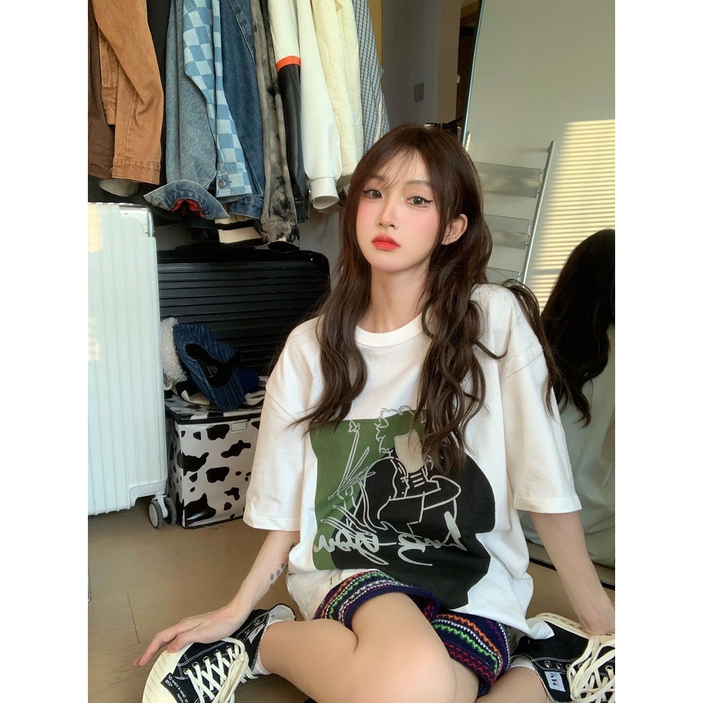 EUNII T-shirt Lengan Pendek Cartoon Graffiti Figure Korean Style/Kaos Atasan Wanita/Baju Kaus Oversize Wanita