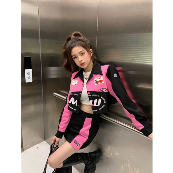 Suhao American Spice Girls Musim Gugur Jas Bisbol Seragam Sepeda Motor Angin Jaket Pendek Wanita + Setengah Tubuh Paket Hip Rok Pendek rok Dua Potong Set