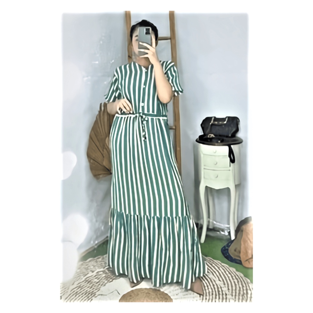 Dress Nagita Strip Wanita Bahan Rayon Motif Terbaru Panjang Daster Semata Kaki Kancing Depan