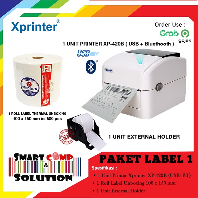 XPrinter 420B Printer Barcode Bluetooth - USB Direct Thermal Label RESI Alamat A6 Market Place