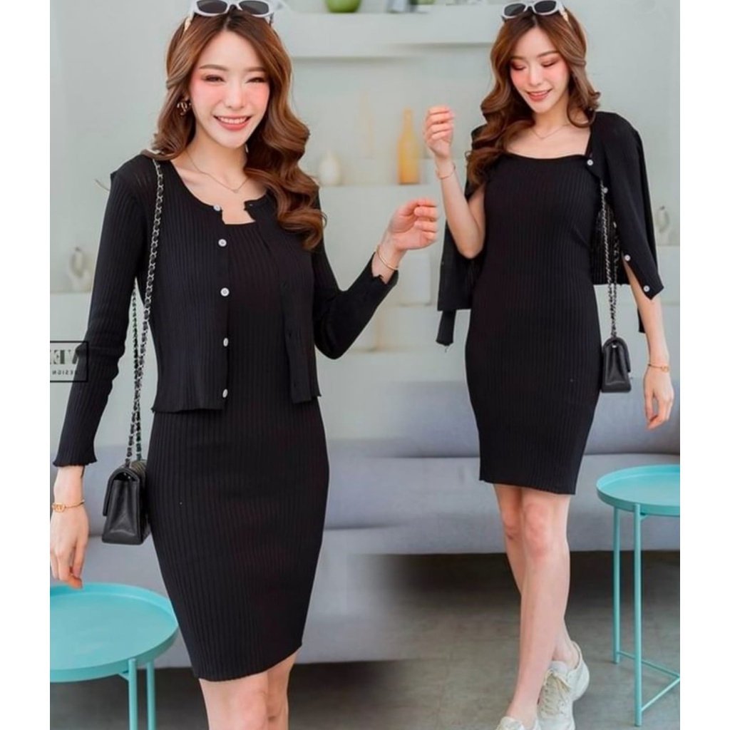 Dress Jjaviazz + Cardi - Dress Casual Wanita - Mini Dress Terbaru - Dress Rajut Perempuan