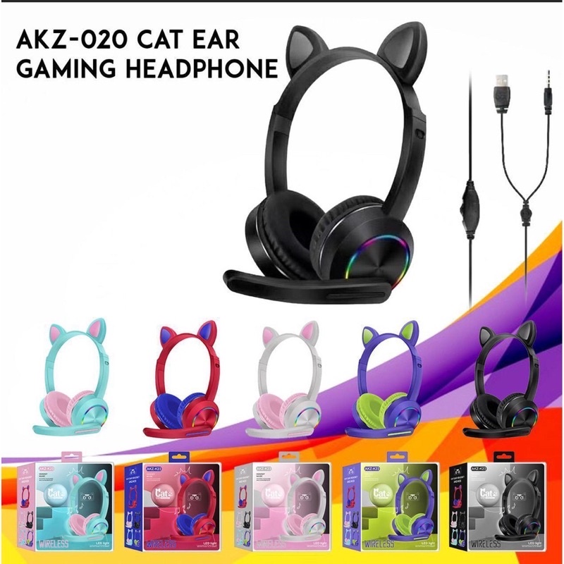 Headset Gaming LED Telinga Kucing model AKZ-020 with microphone jack 3.5mm Headphone Gaming