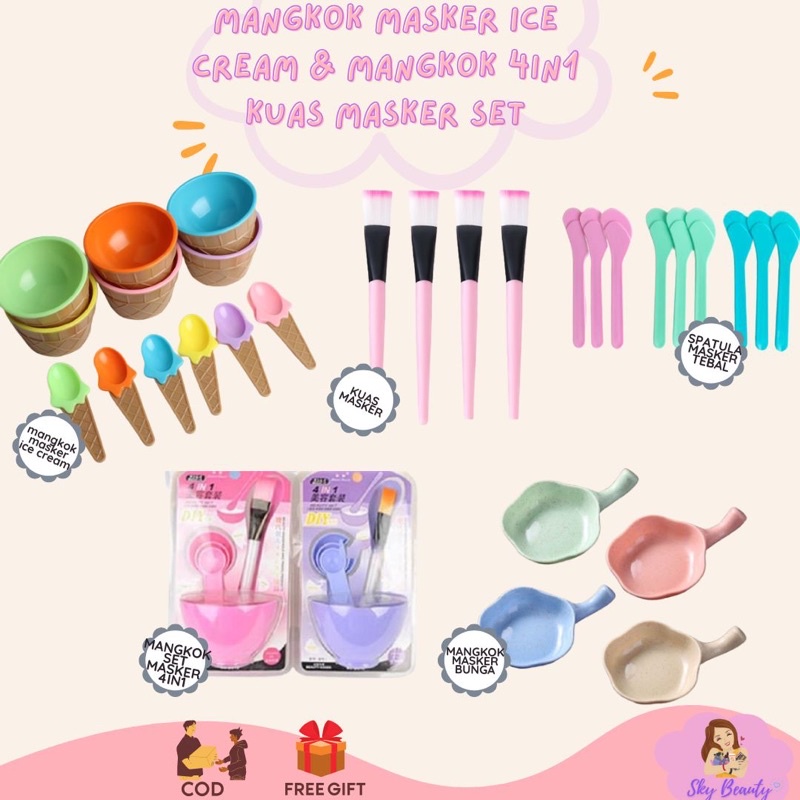 Mangkok Masker Set 4in 1 / Kuas masker-Spatula masker- Mangkok bunga- MANGKOK ICECREAM