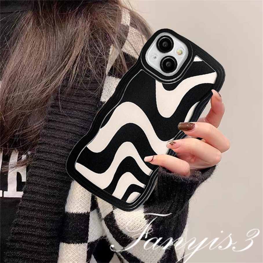 Compatible For iPhone 14 13 12 11 Pro Max X XR Xs Max 8 7 6 6s Plus SE 2020 Soft Case TPU Motif Garis Gelombang Hitam Putih Untuk