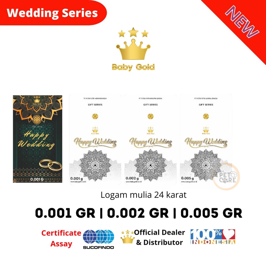 BABY GOLD HAPPY WEDDING PUTIH 0.001 | 0.002 | 0.005 gram Emas Mini Logam Mulia