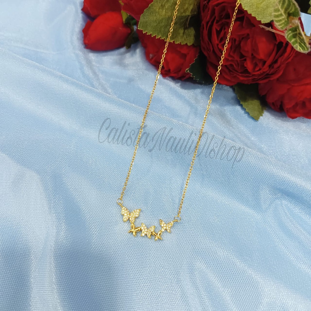 KALUNG TITANIUM KUPU KUPU CANTIK PERMATA PERHIASAN EMAS KOREA ANTI KARAT DAN ANTI LUNTUR