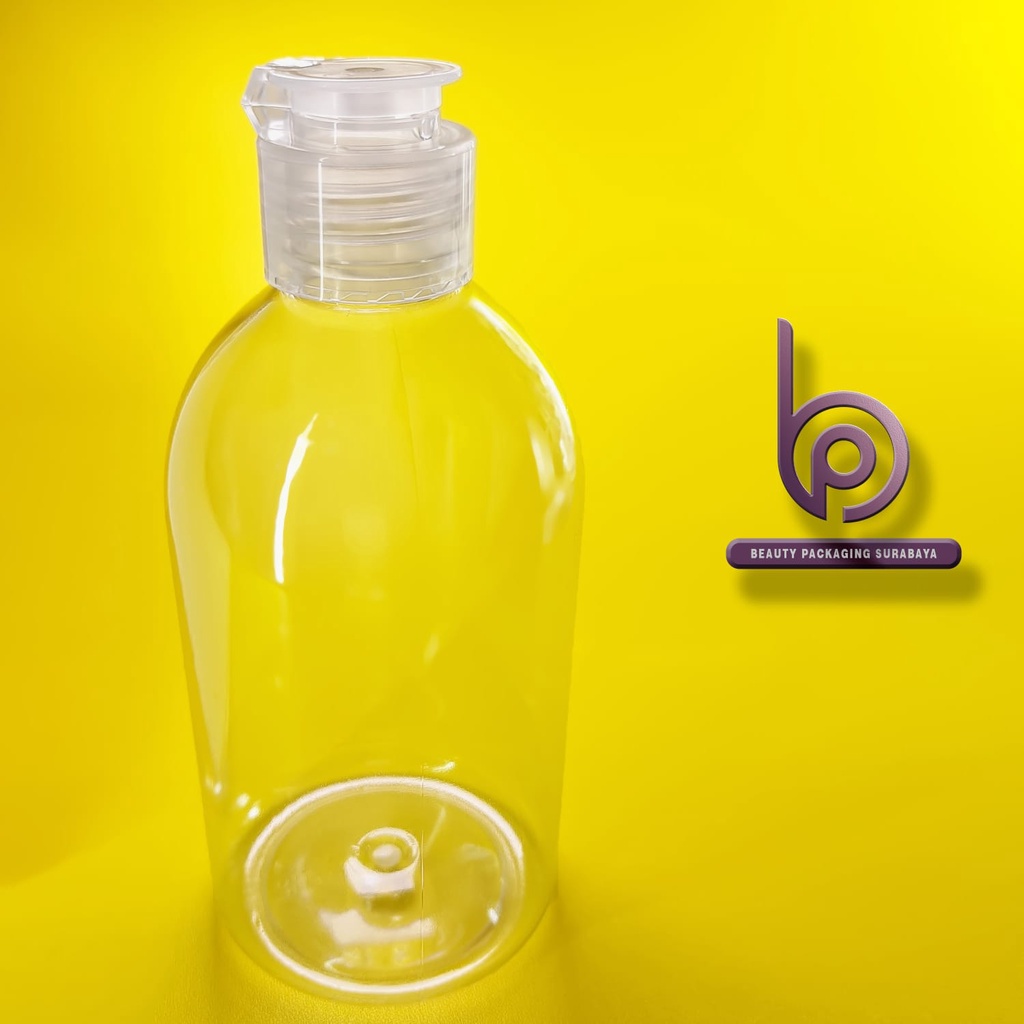 Botol plastik 250ml Oval bening tutup fliptop jamur