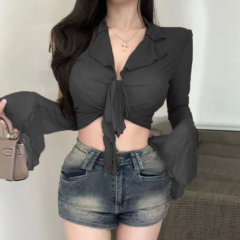 Red Warna Murni Mesh Lengan Panjang T-shirt Wanita Keinginan Murni Babes Seksi Perban Lengan Terompet Sedikit Transparan dan Tipis Pendek top In Pasang