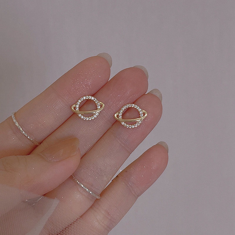 Anting Korea Sederhana Planet Zirkon Anting Pejantan Telinga Emas Baja Titanium Wanita Fashion Perhiasan Earrings