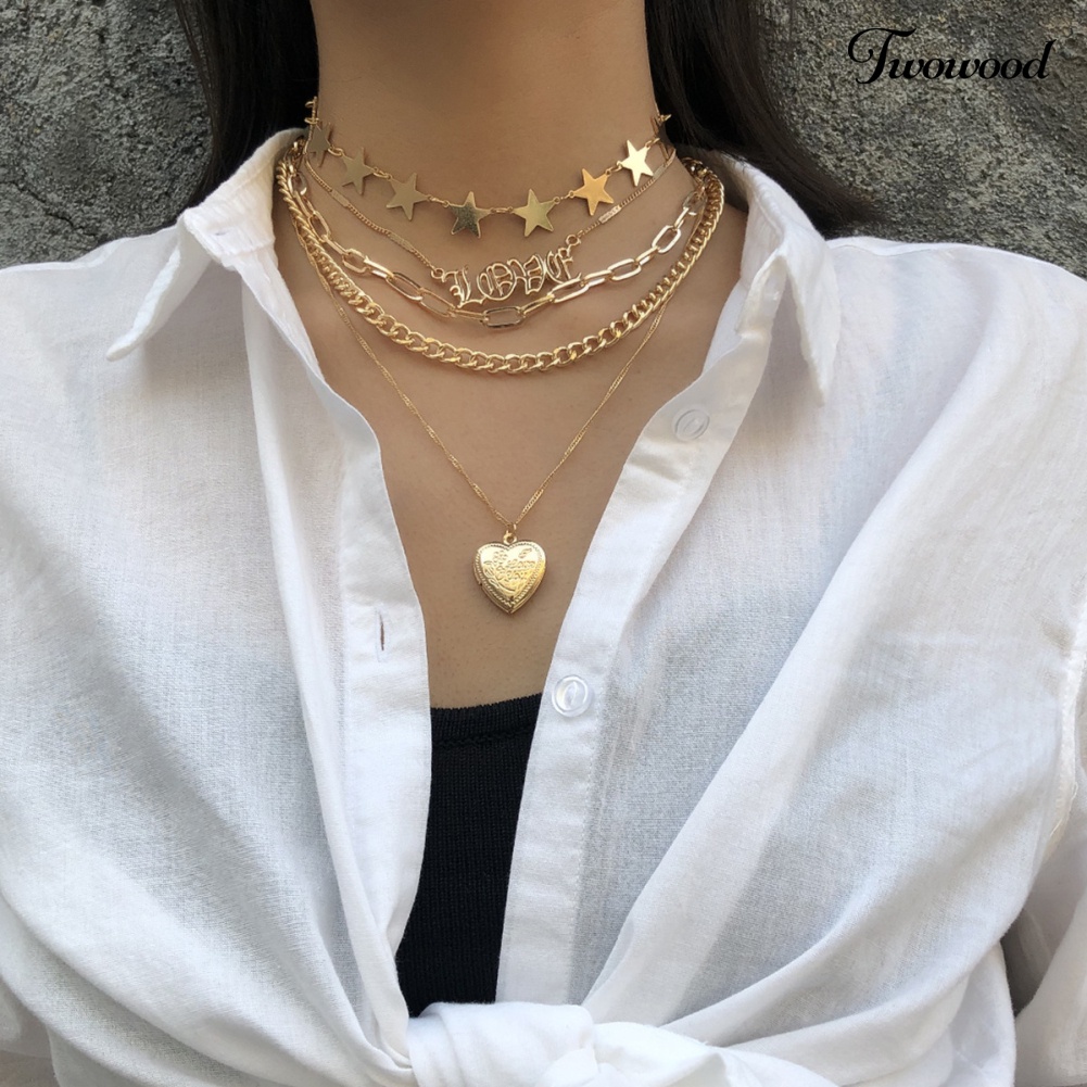 5pcs / Set Kalung Rantai Multilayer Bentuk Bintang Hati Untuk Wanita