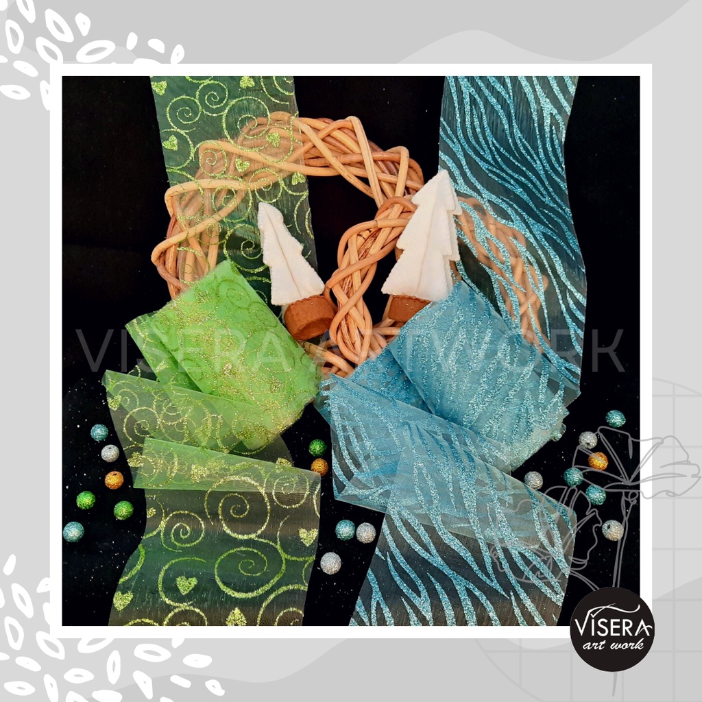 Jual 5 Yard Giant Ribbon Blue & Green Glittery Organza 9,5cm Premium