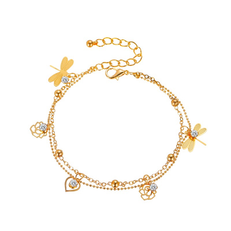 Gelang Kaki Rantai double layer Desain Capung Mawar Untuk Wanita