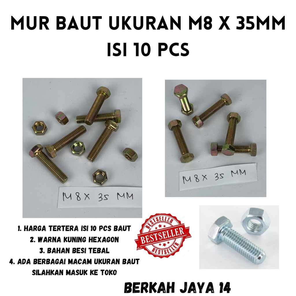 BAUT M8X35 MM ISI 10 PCS WARNA KUNING HEXAGON HEX BMK MUR BAHAN BESI TEBAL HARGA MURAH BERKUALITAS PROMO DISKON TERLARIS