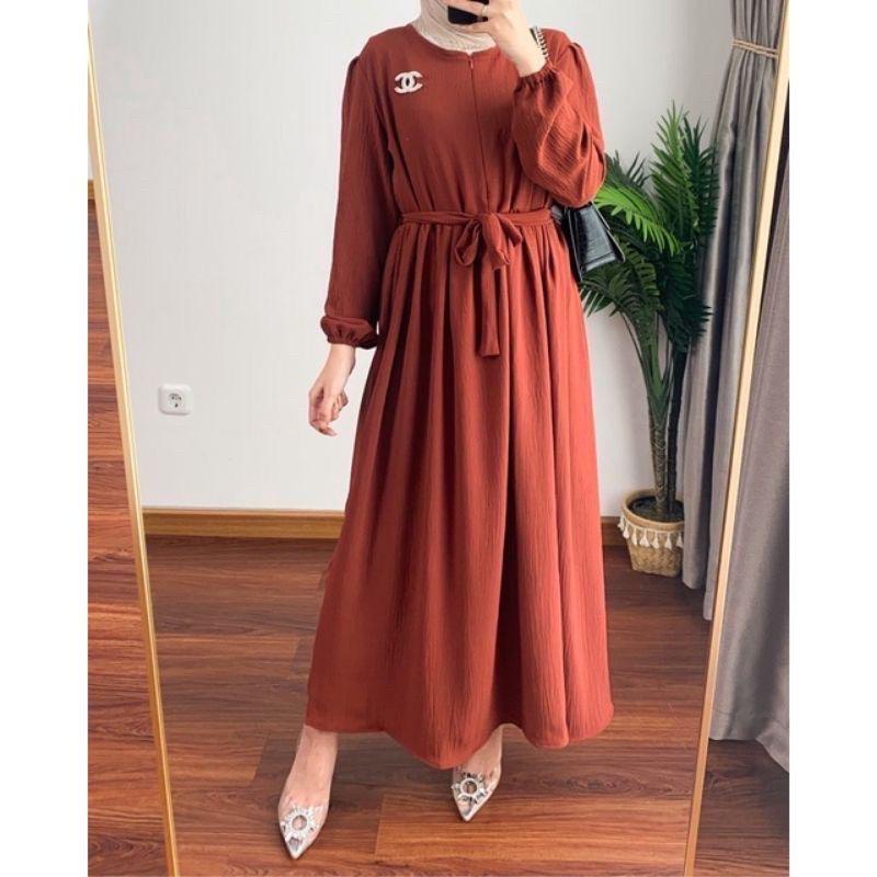 Bavina Midi Dress Pakaian Wanita Bahan Crinkle