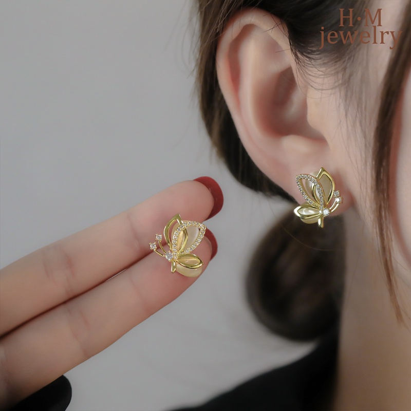 Butterfly Anting Tusuk Bentuk Kupu-Kupu Hias Batu Opal + Berlian Imitasi Elegan Berkilau Untuk Wanita