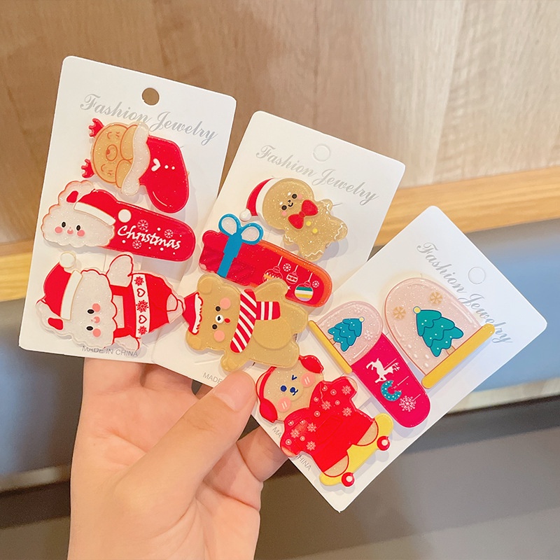 3pcs / Set Jepit Rambut Motif Kartun Natal Bahan Akrilik Untuk Anak Perempuan