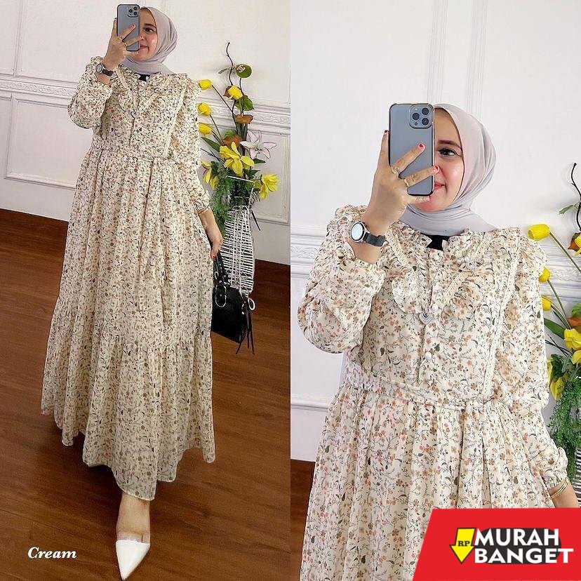model gamis kombinasi polos terbaru 2022 New Tiara Dress / Gamis Ceruty Babydoll Motif Bunga-bunga Full Puring / Baju Wanita Muslim Terbaru / Elly