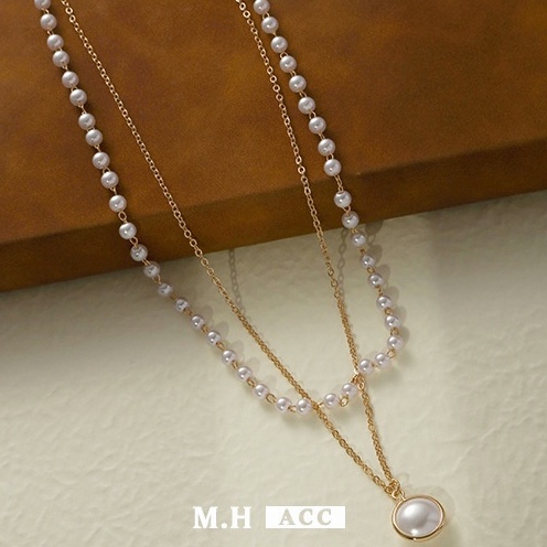 Kalung Korea Fashion Retro Mutiara Logam Gaya Kunci Kalung Multilayer Liontin Wanita Rantai Emas Kalung -Doo