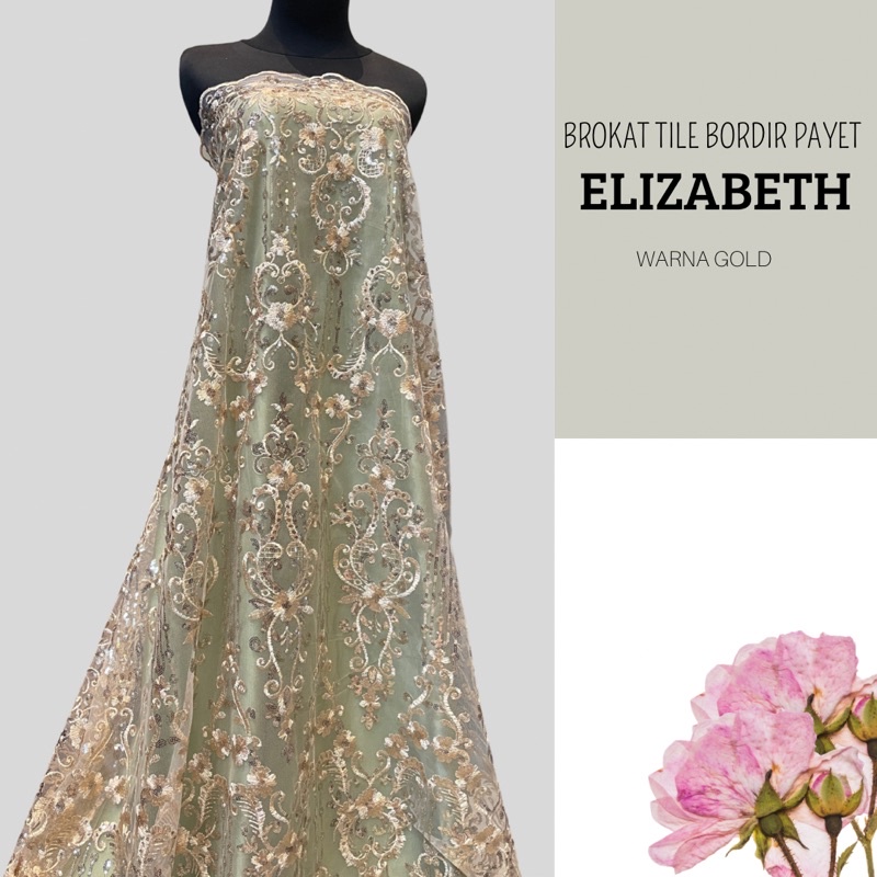 Kain Bahan Kebaya Akad Gaun Pengantin Brukat Tile Payet Elizabeth Warna Gold Kuning Emas Mas