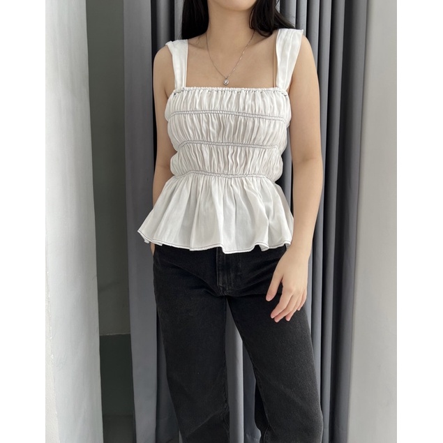 Selim Label Jia Top Korean Ruffle Top Contrast Stitch Square Tank Top