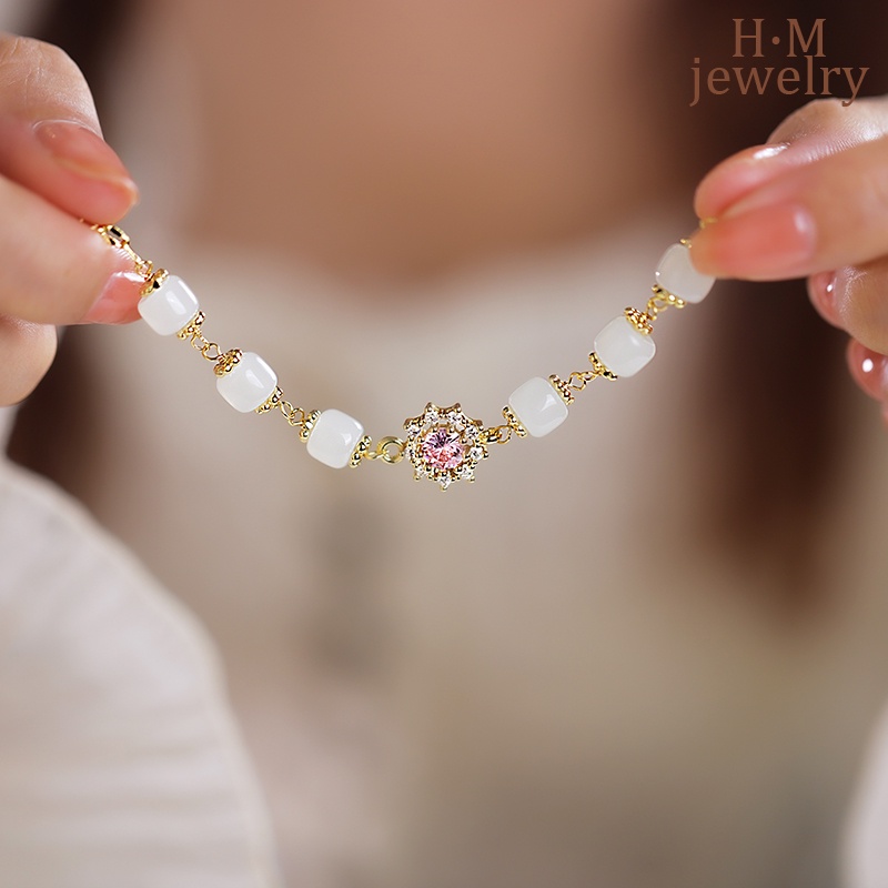 Gelang Tangan Hetian Retro Elegan Hias Zircon AAA Warna Pink Untuk Wanita 2022