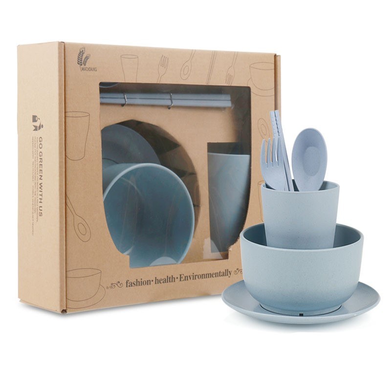 IKILOSHOP Alat Makan Set Jerami 6 in 1 Wheat Straw Cutlery Piring Gelas Mangkok Gift Box Souvenir