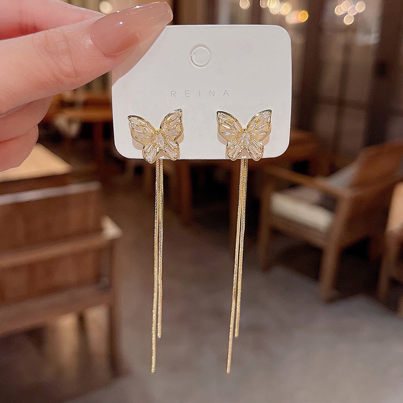 Anting Gantung Panjang Model Kupu-Kupu Dengan Rumbai Bahan Silver 925 Untuk Wanita Butterfly