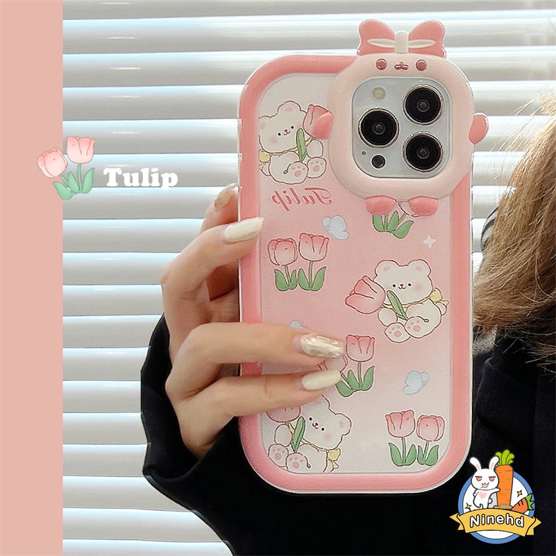 Soft Case Silikon Motif Beruang / Bunga Pink Untuk iPhone 14 13 12 11 Pro Max X Xr Xs Max 7 8 6 6s Plus