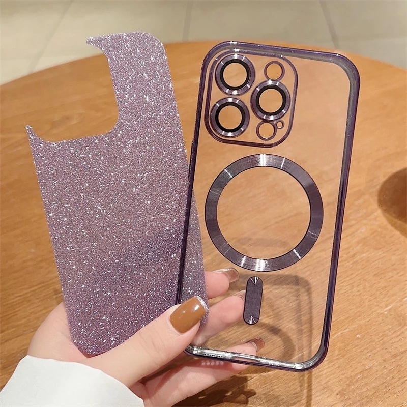 IPHONE Glitter Plating Magsafe Wireless Charging Case Kompatibel Untuk Iphone14 13 12 11 Pro Max 14Plus Casing Mewah Dengan Penutup Perlindungan Film Lensa