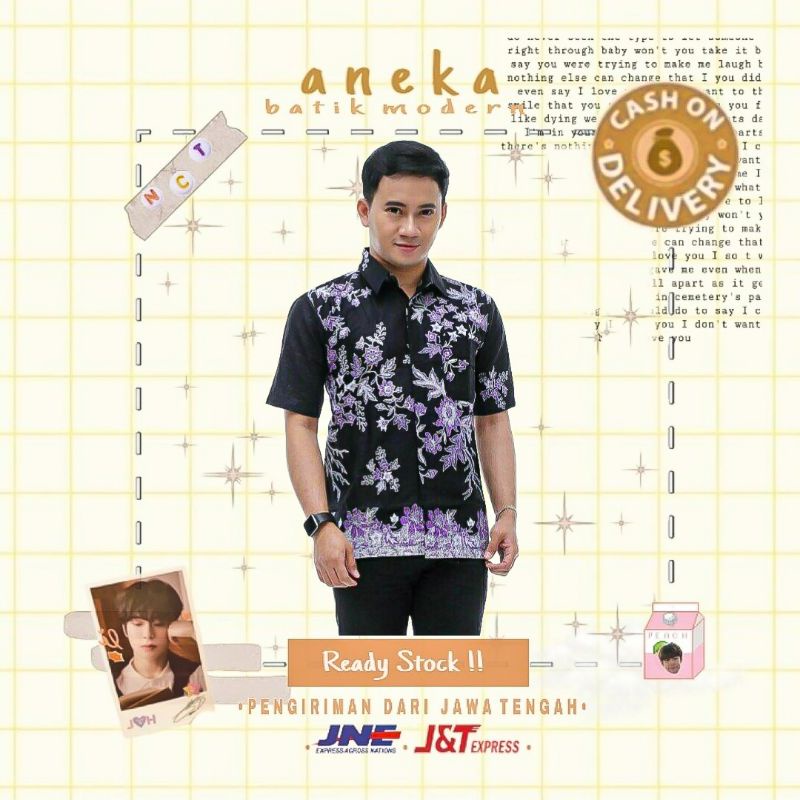 ATASAN KEMEJA HEM BATIK PRIA LENGAN PENDEK MOTIF BUNGA CIBULAN WARNA HITAM UNGU BIRU TOSCA ORANGE OR