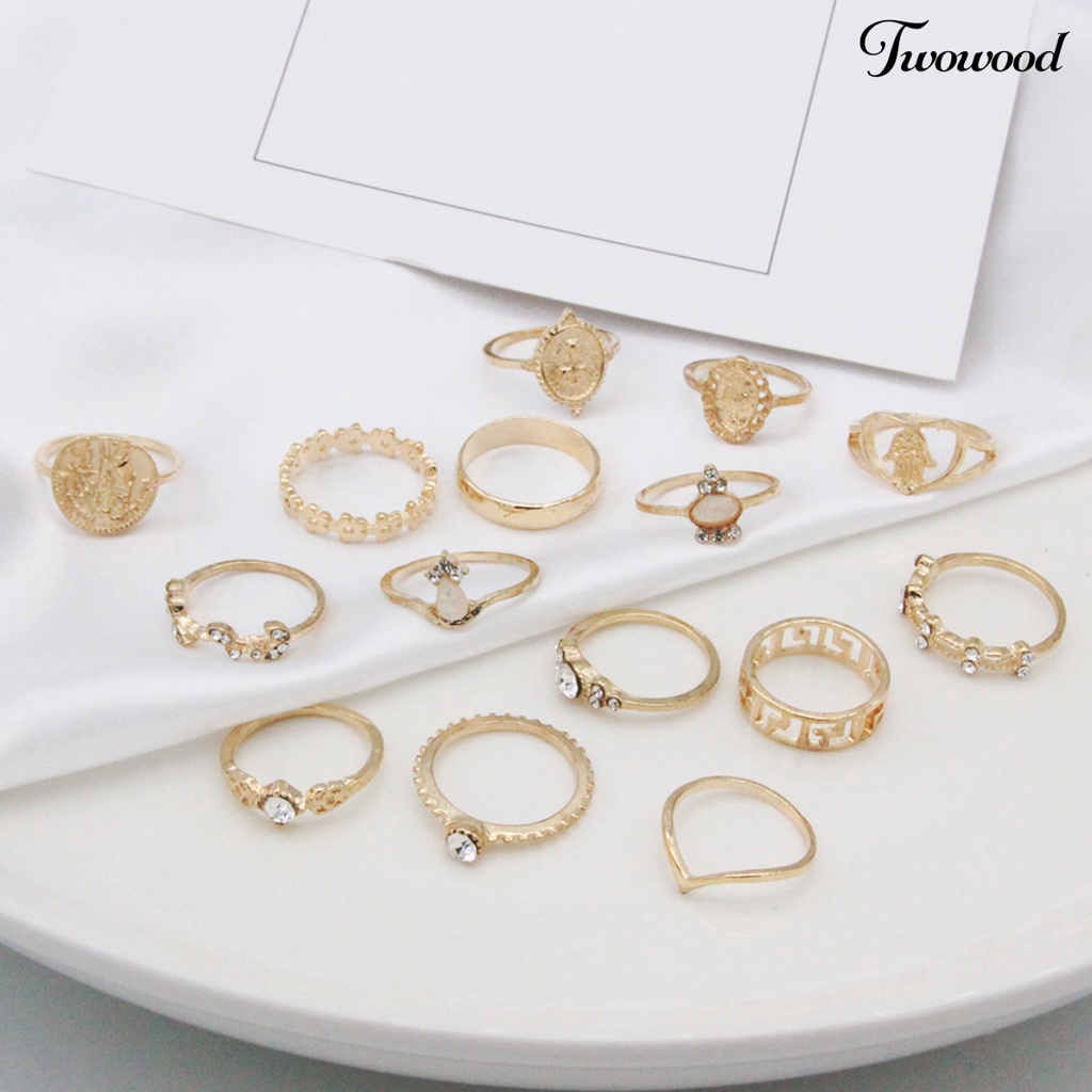 15 Pcs Cincin Knuckle Stackable Bahan Alloy Bentuk Hati Model Hollow