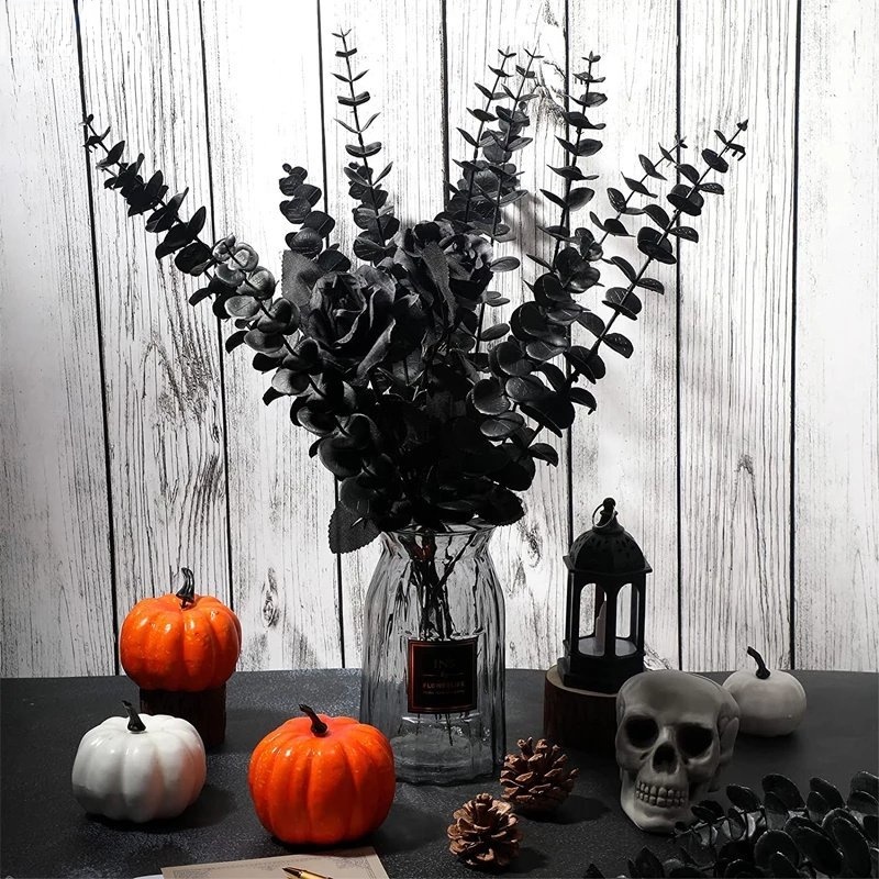 1 Pc 7 Cabang Daun Eucalyptus Buatan Warna Hitam Untuk Dekorasi Pesta Halloween