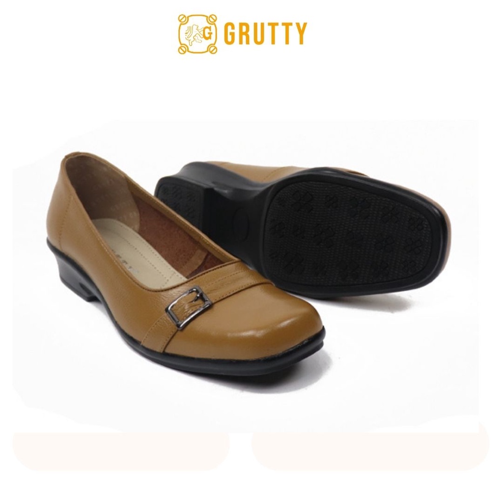 Grutty Sepatu Wanita Kerja Asli Kulit Pantofel Wanita Ready Big Size Warna Camel