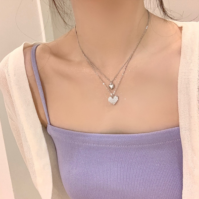 Kalung Rantai Klavikula Desain Hati Ganda Warna Silver Untuk Aksesoris