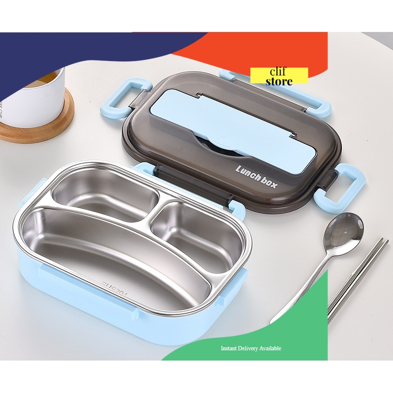 kotak makan 304 stainless steel lunch box gratis sendok dan sumpit stainless 3 sekat bento box