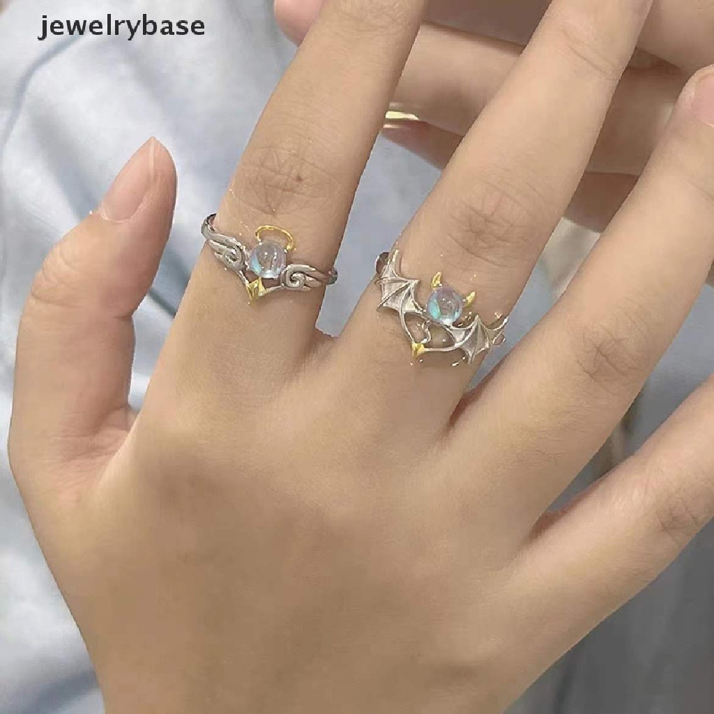 Cincin Model Terbuka Adjustable Desain Angel Devil Moonstone Warna Silver Untuk Pria Dan Wanita