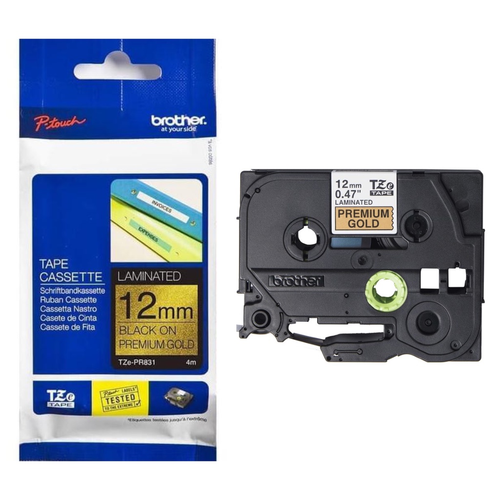 

BROTHER TZE-PR831 12MM BLACK ON PREMIUM GOLD (8 METER) TZE PR831