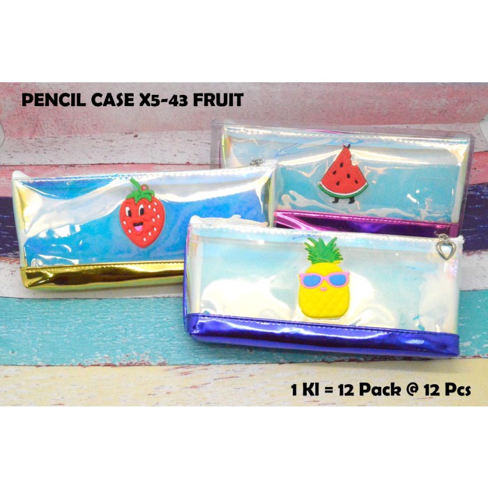 

Pencil case kotak mika sleting metalik motif fruit karet satuan ols76