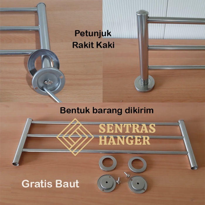 Gantungan Baju Klasik Stainless Steel 75cm, 3 Baris