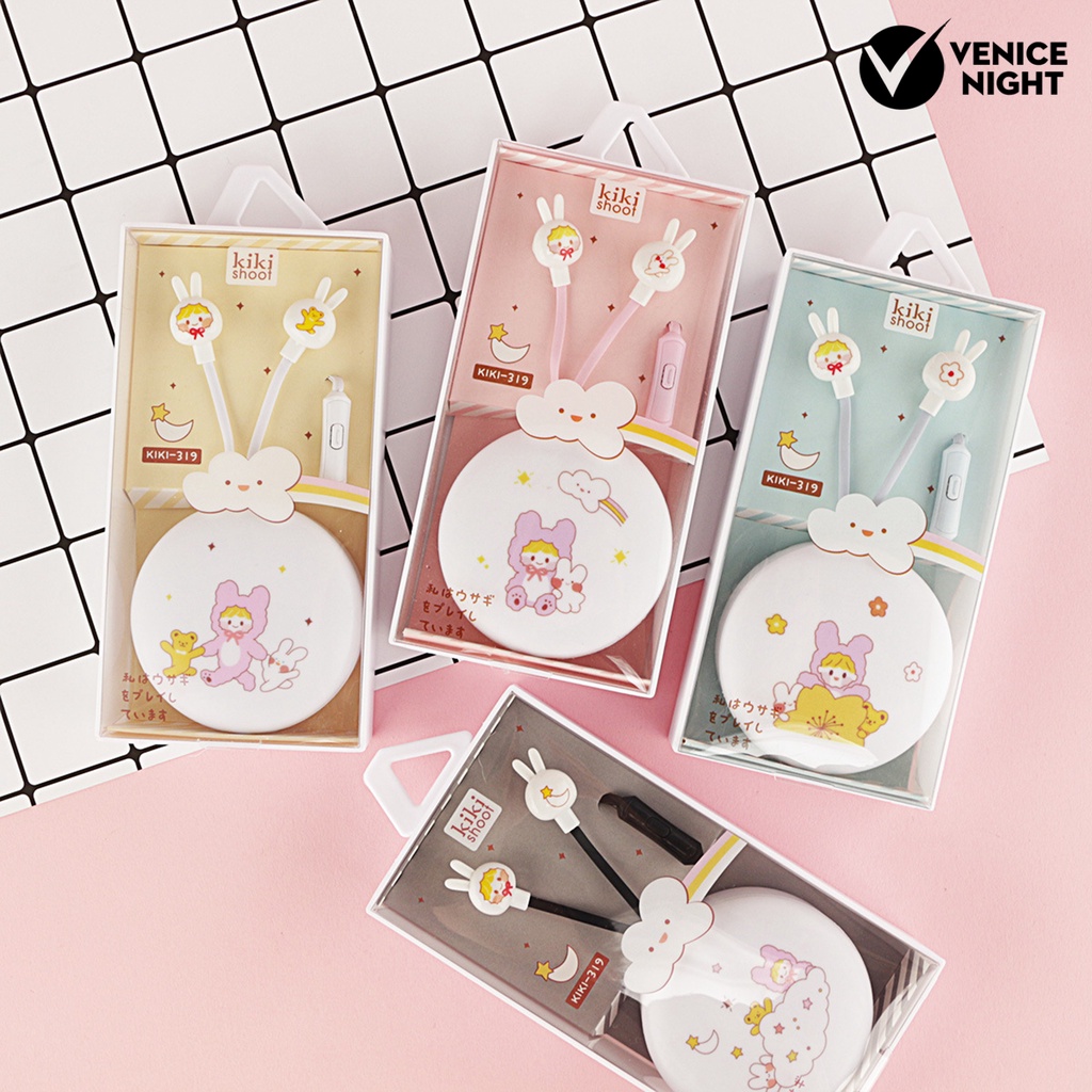 (VNEP) (Berkabel) Earbud Sensitif HD-kompatibel Memanggil dengan Mikrofon Cartoon Rabbit Box Earphone Stereo 3.5mm untuk Mendengarkan Musik