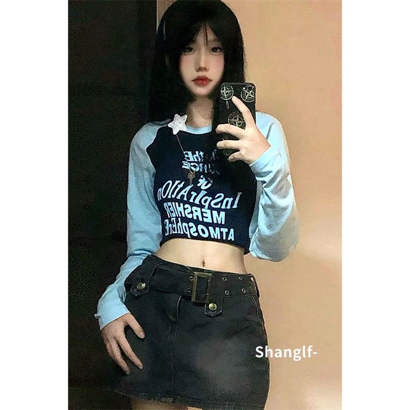 Suhao American retro bahu depan lengan panjang t-shirt wanita musim semi dan musim gugur desain niche chic hot girl slim cropped pusar atasan pendek