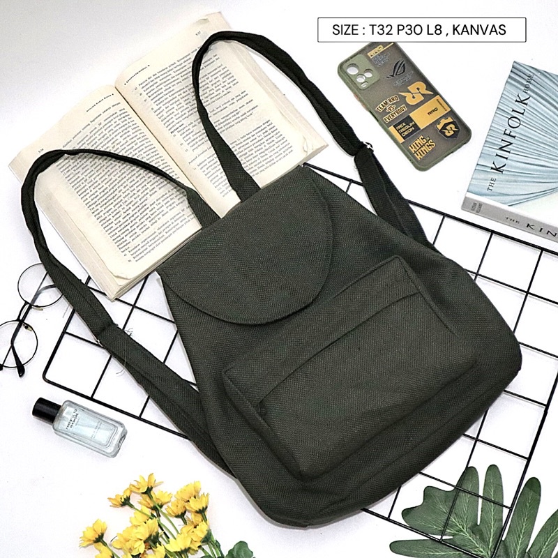 Bayar di Tempat COD Tas Ransel Serut Bahan Kanvas KANTONG Depan Ukuran Medium tas punggung wanita-Warna 713