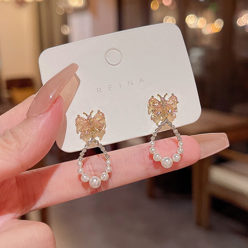 Anting Tusuk Gantung Sterling silver 925 Desain Kupu-Kupu Hias Zircon + Mutiara Untuk Wanita