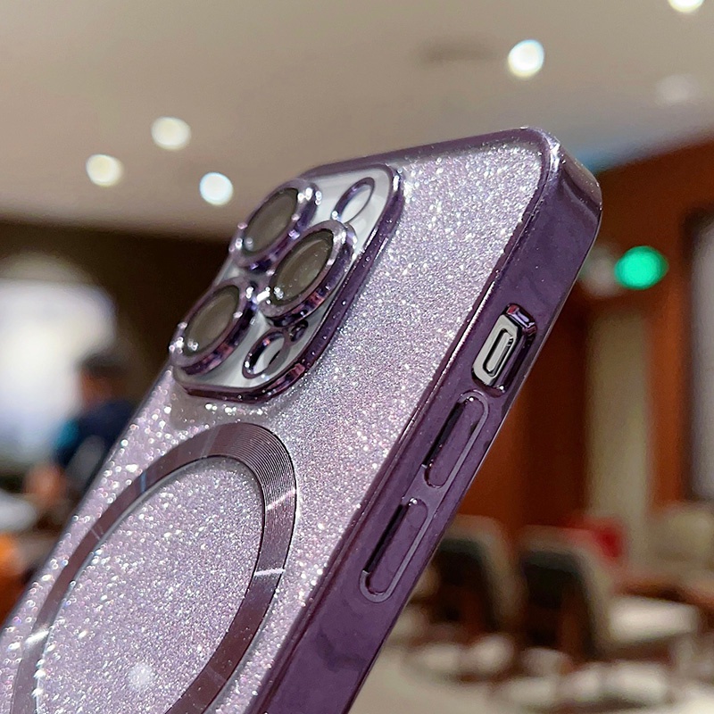 IPHONE Glitter Plating Magsafe Wireless Charging Case Kompatibel Untuk Iphone14 13 12 11 Pro Max 14Plus Casing Mewah Dengan Penutup Perlindungan Film Lensa