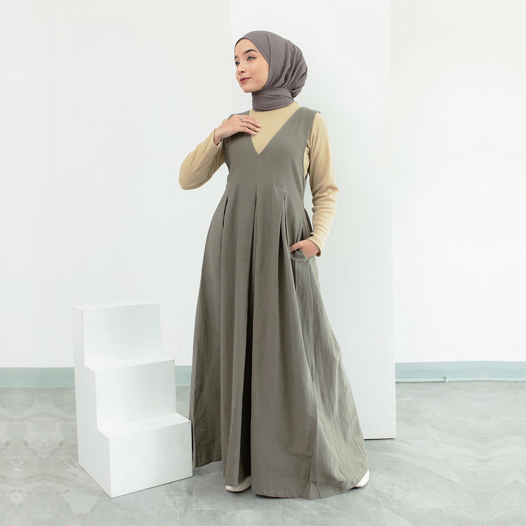 Anna Overall Long Dress | Long Overall Dress Berbahan Linen Premium [YEPPUOUTFIT]