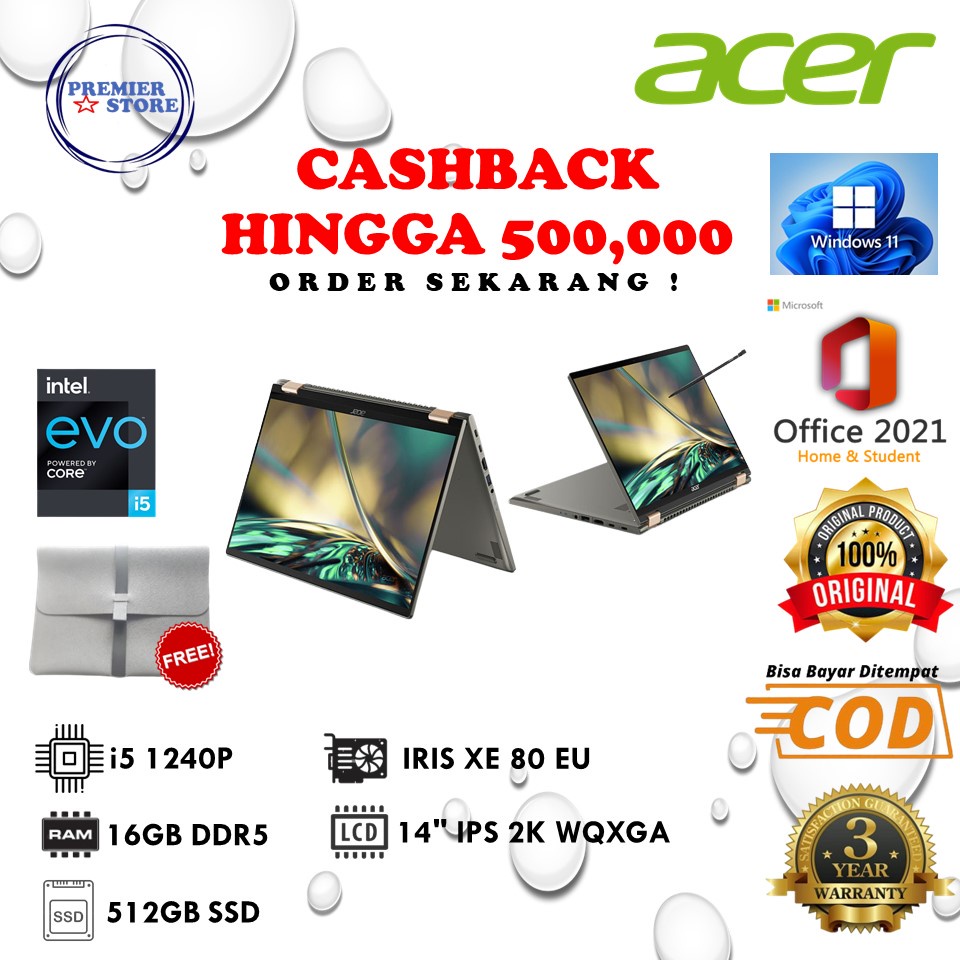 ACER SPIN 5 SP514-51N i5 1240P 16GB 512GB IRIS XE W11+OHS WQXGA TOUCH