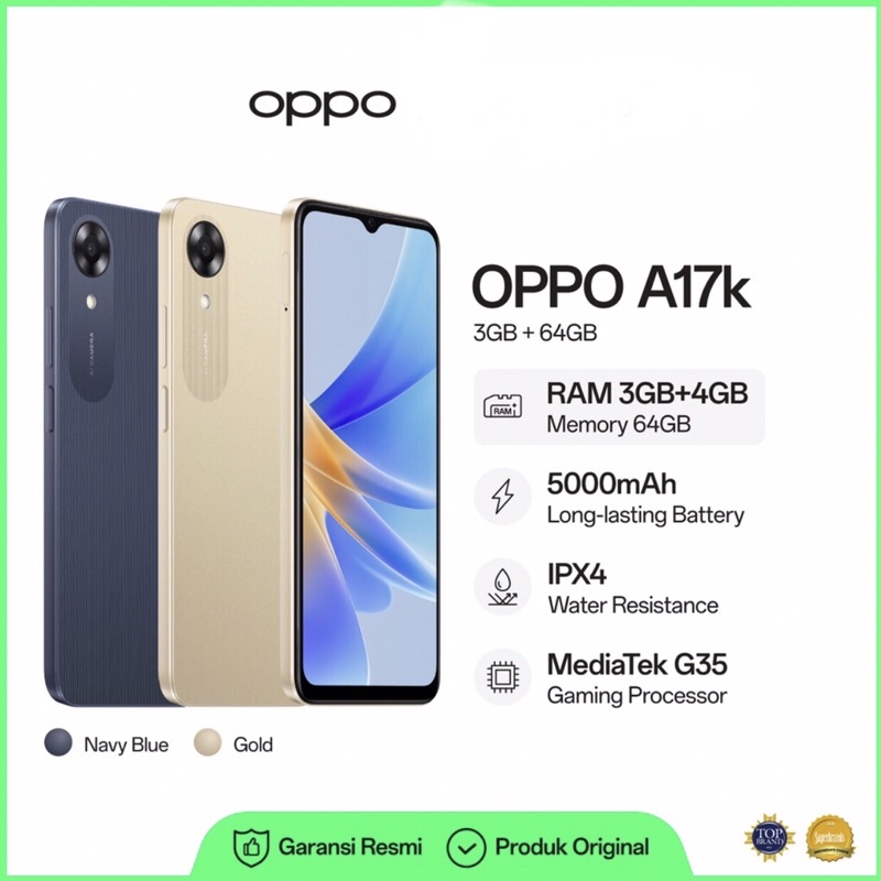 Oppo A17K [3GB+64GB] Expansion RAM 4GB | MediaTek Helio G35 | IPX4 Tahan Air | 6.56” IPS LCD | Li-Po 5000mAh | Garansi Resmi Oppo 1 Tahun