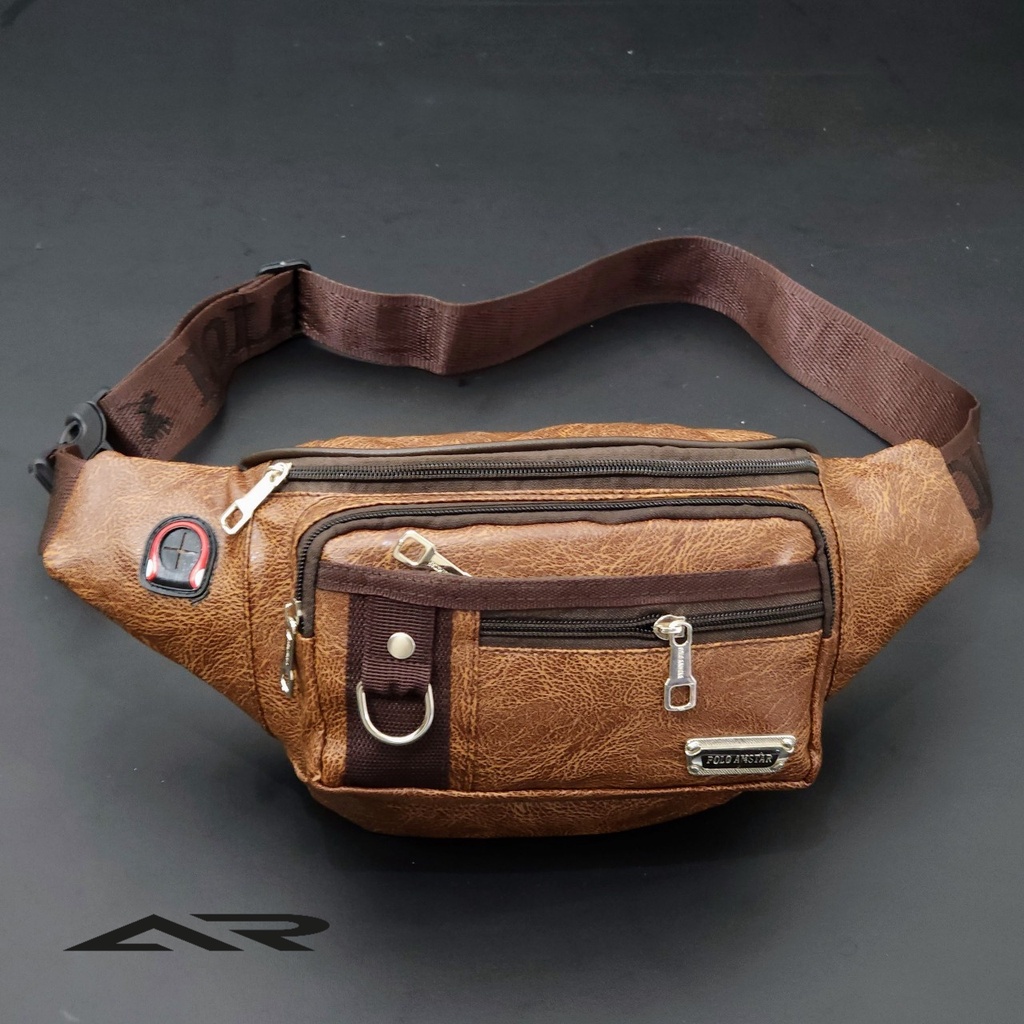 Tas Selempang Pria Multi Fungsi Waistbag Original POLO AMSTAR Model Terbaru-Coklat Muda Kulit