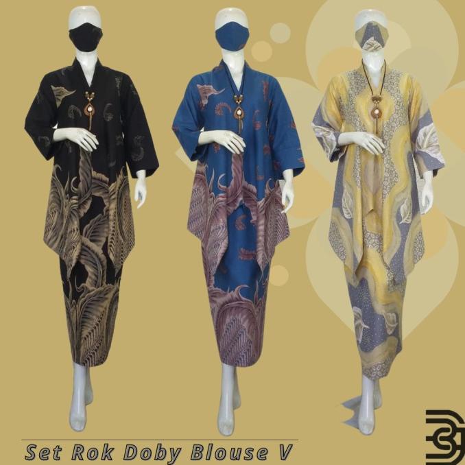 Stelan Batik Wanita Modern Set Rok Blouse V Katun Doby Solo Premium E3